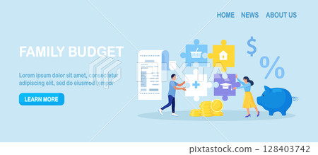 Family budget planning. Young couple forms the family budget, divides the items of expenditure. Saving money, control household finance 128403742