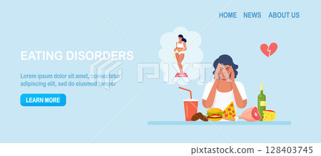 Eating disorders as psychological illness. Excessive weight control, food limitation. Depressed woman eating fast food. Extreme overeating. Addiction to slimming, dieting and mental guilty feeling 128403745