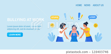 Abuse or bullying colleague. People blaming at depressed person. Employees point fingers and laugh at frustrated woman. Emotional stress on work. Quarrel or work conflict between colleagues 128403746