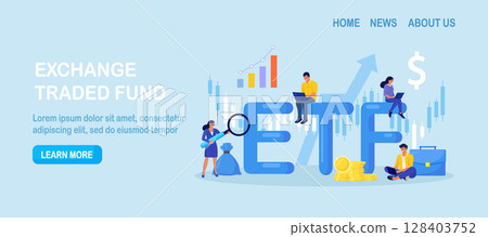 Exchange Traded Funds. ETF. Businessman tracking investment index trading in stock market. Financial broker. Income, investment and saving concept. Business character making financial operation 128403752