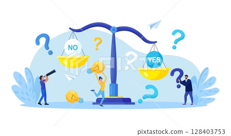 Businessman standing near big scales with No and Yes signs. 128403753