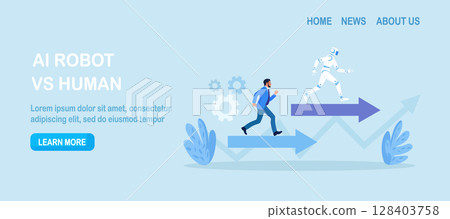 Ai robot vs man. Business competition. Robot employee competition with human. Artificial intelligence and people running competition together. Future automation. Robotic machine and worker 128403758