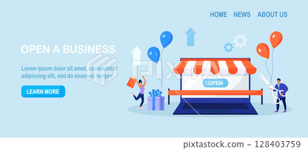 Business owner and entrepreneur start small business or retail shop. New online store, website. Businessman holding scissors in his hand cuts red ribbon Opening internet store Business owner and entrepreneur start small business or retail shop. New online store, website. Businessman holding scissors in his hand cuts red ribbon Opening internet store 128403759