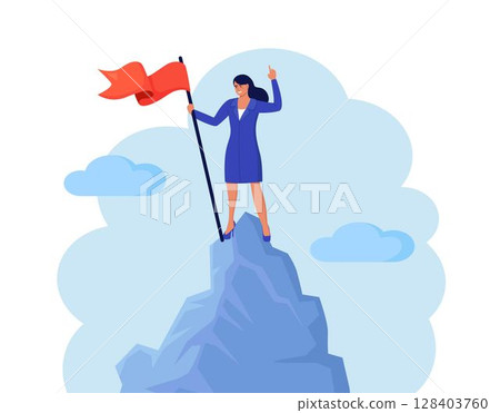 Business person climbed to top of mountain and hoisted flag on it. Career, professional achievement, ambition. Woman stands on mountain peak, celebrates victory. Business development, success, growth 128403760