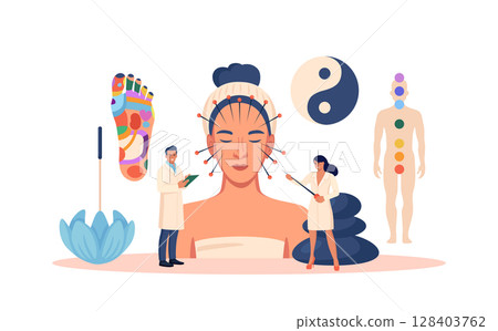 Chinese traditional alternative medicine. Acupuncture, treatment of internal organs. Practitioner therapist, acupuncturist working on female patient. Aromatherapy. Stress relief, healing process Chinese traditional alternative medicine. Acupuncture, treatment of internal organs. Practitioner therapist, acupuncturist working on female patient. Aromatherapy. Stress relief, healing process 128403762