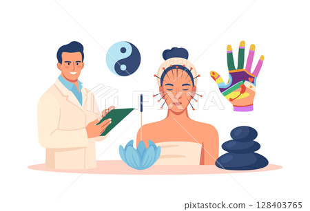 Chinese traditional alternative medicine. Acupuncture, treatment of internal organs. Practitioner therapist, acupuncturist working on female patient. Aromatherapy. Stress relief, healing process 128403765