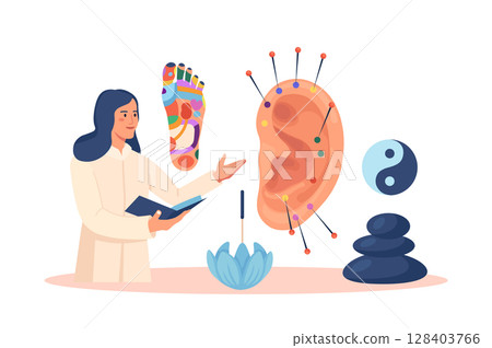 Acupuncture therapy, chinese traditional alternative medicine for disease prevention. Reflex zones of ear, feet, palm hand. Stress relief healing process. Acupuncturist inserting needles in ear points 128403766