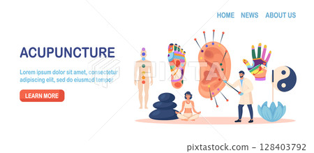 Acupuncture therapy, chinese traditional alternative medicine for disease prevention. Reflex zones of ear, feet, palm hand. Stress relief, healing process. Acupuncturist holding needle for injection Acupuncture therapy, chinese traditional alternative medicine for disease prevention. Reflex zones of ear, feet, palm hand. Stress relief, healing process. Acupuncturist holding needle for injection 128403792