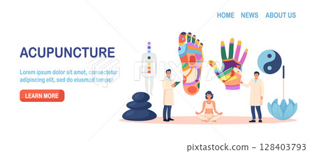 Acupuncture therapy, alternative medicine for disease prevention. Reflexology chart with description of corresponding internal organs. Stress relief. Acupuncturists analyze reflex zones hand, foot 128403793
