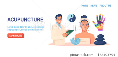 Chinese traditional alternative medicine. Acupuncture, treatment of internal organs. Practitioner therapist, acupuncturist working on female patient. Aromatherapy. Stress relief, healing process Chinese traditional alternative medicine. Acupuncture, treatment of internal organs. Practitioner therapist, acupuncturist working on female patient. Aromatherapy. Stress relief, healing process 128403794