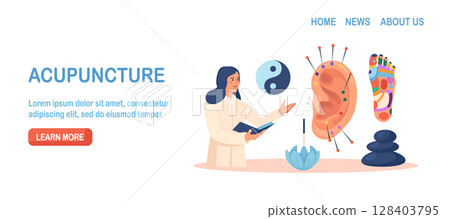 Acupuncture therapy, chinese traditional alternative medicine for disease prevention. Reflex zones of ear, feet, palm hand. Stress relief healing process. Acupuncturist inserting needles in ear points 128403795