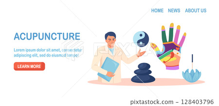 Acupuncture therapy, chinese alternative medicine for disease prevention. Hand reflexology chart with description of corresponding internal organs. Stress relief. Acupuncturist analyzes reflex zones 128403796