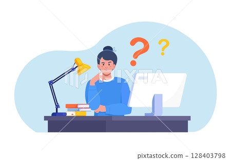 Thinking woman asking questions, searching information. Female character with question marks over head. Solving puzzle or business problem. Choice concept 128403798