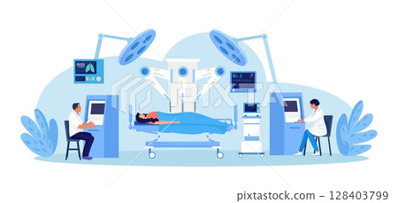 Robotic surgery. Surgeon controlling, manipulating robot arm. Innovative medicine. Medical staff performing operation on patient with help of robotic, automated equipment. Innovation surgical process Robotic surgery. Surgeon controlling, manipulating robot arm. Innovative medicine. Medical staff performing operation on patient with help of robotic, automated equipment. Innovation surgical process 128403799