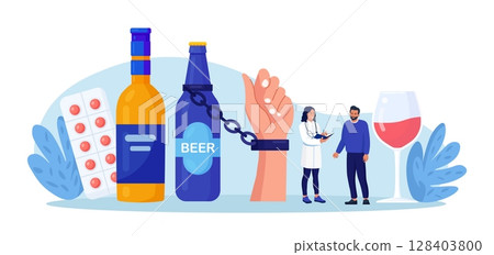 Addiction treatment, recovery and rehabilitation. Life-threatening condition. Person in depression addicted to drugs, alcohol. Drink man chained to alcohol bottle. Strong hangover. Alcoholism therapy 128403800