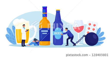Addiction treatment, recovery and rehabilitation. Life-threatening condition. People in depression addicted to drugs, alcohol. Drink man chained to alcohol bottle. Strong hangover. Alcoholism therapy Addiction treatment, recovery and rehabilitation. Life-threatening condition. People in depression addicted to drugs, alcohol. Drink man chained to alcohol bottle. Strong hangover. Alcoholism therapy 128403801
