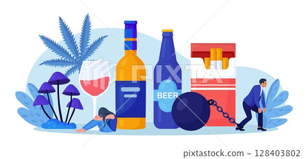 Addiction. Life-threatening condition. Sad people in depression, stress  addicted to alcohol, drugs, nicotine substances. Addict man chained to addiction. Strong hangover. Alcoholism and narcology 128403802
