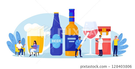 Addiction treatment, recovery, rehabilitation. Life-threatening condition. Person addicted to nicotine, alcohol. Strong hangover. Alcoholism therapy. Psychotherapy, man counseling with psychologist 128403806