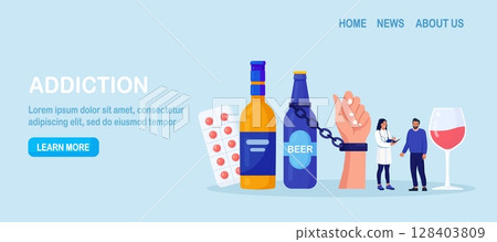 Addiction treatment, recovery and rehabilitation. Life-threatening condition. Person in depression addicted to drugs, alcohol. Drink man chained to alcohol bottle. Strong hangover. Alcoholism therapy 128403809