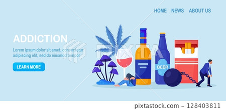 Addiction. Life-threatening condition. Sad people in depression, stress  addicted to alcohol, drugs, nicotine substances. Addict man chained to addiction. Strong hangover. Alcoholism and narcology 128403811