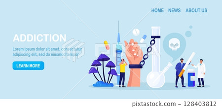 Addiction treatment, recovery and rehabilitation. Life-threatening condition. People in depression addicted to drugs, nicotine substances, alcohol. Addict man chained to bong. Strong hangover 128403812