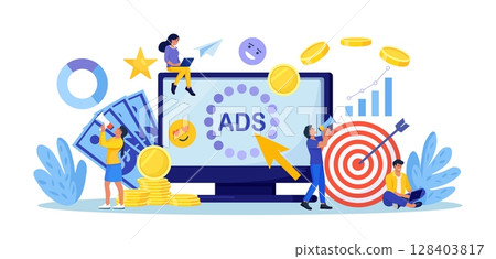Pay Per Click concept. Advertising marketing in the internet. PPC business, CPC technology, sponsored listing. Characters standing near computer screen with cursor clicking on ad button. Web search Pay Per Click concept. Advertising marketing in the internet. PPC business, CPC technology, sponsored listing. Characters standing near computer screen with cursor clicking on ad button. Web search 128403817