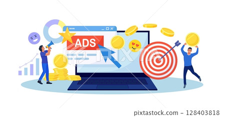 Pay Per Click concept. Advertising marketing in the internet. PPC business, CPC technology, sponsored listing. Tiny characters standing near laptop screen with cursor clicking on ad button. Web search Pay Per Click concept. Advertising marketing in the internet. PPC business, CPC technology, sponsored listing. Tiny characters standing near laptop screen with cursor clicking on ad button. Web search 128403818