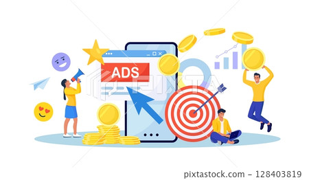 Pay Per Click concept. Advertising marketing in the internet. PPC business, CPC technology, sponsored listing. Tiny characters standing near phone screen with cursor clicking on ad button. Web search Pay Per Click concept. Advertising marketing in the internet. PPC business, CPC technology, sponsored listing. Tiny characters standing near phone screen with cursor clicking on ad button. Web search 128403819