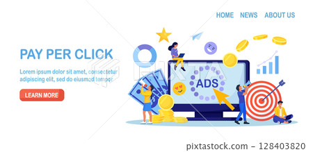 Pay Per Click concept. Advertising marketing in the internet. PPC business, CPC technology, sponsored listing. Characters standing near computer screen with cursor clicking on ad button. Web search 128403820