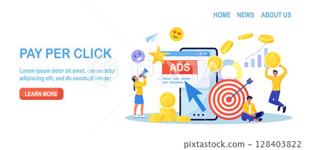 Pay Per Click concept. Advertising marketing in the internet. PPC business, CPC technology, sponsored listing. Tiny characters standing near phone screen with cursor clicking on ad button. Web search 128403822