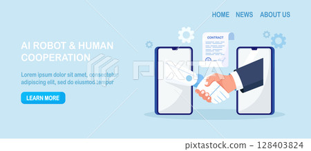 Businessman is shaking hands with an AI robot. Partnership between man, humanoid robots. Online collaboration between human, artificial intelligence. Contract with cyborg, future machine 128403824