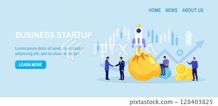 Innovation to launch new idea. Businessman think and develop new project, organize and launch innovation product. Startup or start new company. Innovative rocket flying from broken light bulb 128403825