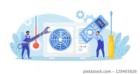 Professional service for repair of air conditioners. Maintenance and installation of cooling systems. Warranty repair and cleaning, replacement of filters. Worker with wrench Professional service for repair of air conditioners. Maintenance and installation of cooling systems. Warranty repair and cleaning, replacement of filters. Worker with wrench 128403826