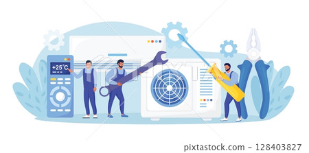 Professional service for repair of air conditioners. Maintenance, installation of cooling systems. Warranty repair and cleaning, replacement of filters. Worker with wrench, screwdriver. Vector design Professional service for repair of air conditioners. Maintenance, installation of cooling systems. Warranty repair and cleaning, replacement of filters. Worker with wrench, screwdriver. Vector design 128403827