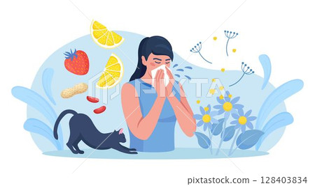 Woman with allergy from pollen, cat fur, citrus, peanuts or berry. Runny nose and watery eyes. Seasonal disease. Causes of allergy. Illness with cough, cold and sneeze symptoms Woman with allergy from pollen, cat fur, citrus, peanuts or berry. Runny nose and watery eyes. Seasonal disease. Causes of allergy. Illness with cough, cold and sneeze symptoms 128403834