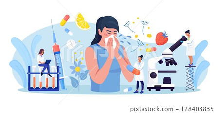 Woman with allergy from pollen, citrus, berry. Runny nose and watery eyes. Seasonal disease. Illness with cough, cold, sneeze symptoms. Doctor treat allergy with medicines, pills Examination in clinic 128403835