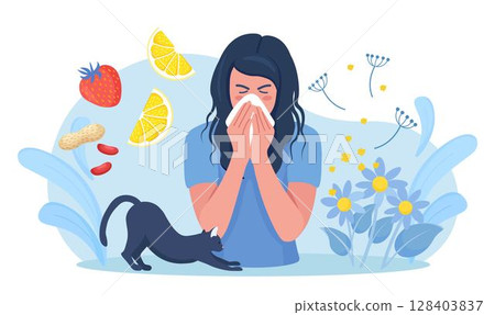 Woman with allergy from pollen, cat fur, citrus, peanuts or berry. Runny nose and watery eyes. Seasonal disease. Causes of allergy. Illness with cough, cold and sneeze symptoms Woman with allergy from pollen, cat fur, citrus, peanuts or berry. Runny nose and watery eyes. Seasonal disease. Causes of allergy. Illness with cough, cold and sneeze symptoms 128403837