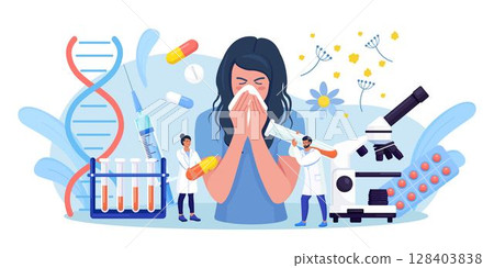 Woman with allergy from pollen. Runny nose and watery eyes. Seasonal disease. Illness with cough, cold, sneeze symptoms. Doctor treat allergy with medicines, pills. Examination in clinic 128403838