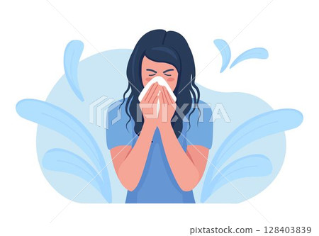Female character sneezing, coughing in tissue. Prevention against virus, infection. Sick woman sneeze in handkerchief to prevent germs from flying from their mouths. Season allergy. Virus protection Female character sneezing, coughing in tissue. Prevention against virus, infection. Sick woman sneeze in handkerchief to prevent germs from flying from their mouths. Season allergy. Virus protection 128403839