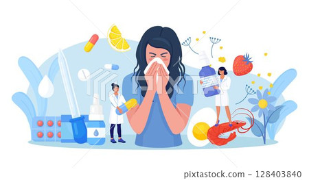 Woman with allergy from pollen, citrus, berry, shrimps, eggs. Runny nose and watery eyes. Seasonal disease. Illness with cough, cold, sneeze symptoms. Doctor treat allergy with medicines, pills 128403840