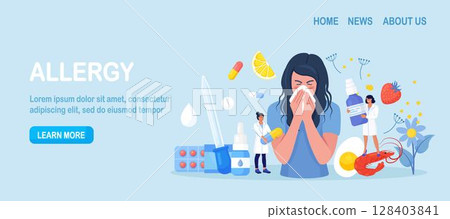 Woman with allergy from pollen, citrus, berry, shrimps, eggs. Runny nose and watery eyes. Seasonal disease. Illness with cough, cold, sneeze symptoms. Doctor treat allergy with medicines, pills Woman with allergy from pollen, citrus, berry, shrimps, eggs. Runny nose and watery eyes. Seasonal disease. Illness with cough, cold, sneeze symptoms. Doctor treat allergy with medicines, pills 128403841