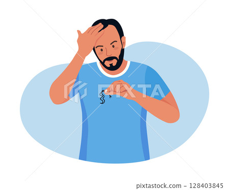 Alopecia and hair problems, baldness. Young man looks sadly at strands of hair in hand. Character feel upset because of hair loss. Lack of vitamins and important amino acids. Person in stress 128403845