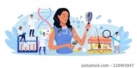 Alopecia and hair problems, baldness. Woman looks sadly at strands of hair in comb. Person feel upset because of hair loss. Dermatologist diagnosis health problem, lack of vitamins, amino acids 128403847