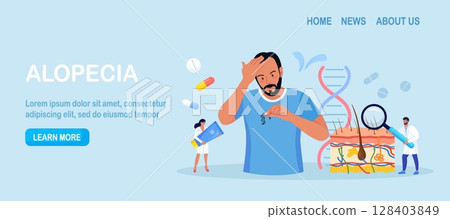 Alopecia and hair problems, baldness. Man looks sadly at strands of hair in hand. Person feel upset because of hair loss. Physician diagnosis health problem, lack of vitamins and important amino acids 128403849