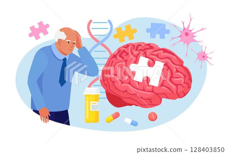 Senior patient hold his head and suffering from Alzheimer's disease, amnesia. Memory loss, brain illness treatment. Alzheimer disease, dementia, dotage concept. Neurology therapy, mental illness 128403850