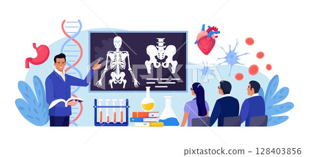 Anatomy school subject. Students studying human skeleton. Teacher pointing at chalkboard, teaching people. Pupils learn nervous, bone, organs, blood systems. Biology classes, medicine Anatomy school subject. Students studying human skeleton. Teacher pointing at chalkboard, teaching people. Pupils learn nervous, bone, organs, blood systems. Biology classes, medicine 128403856