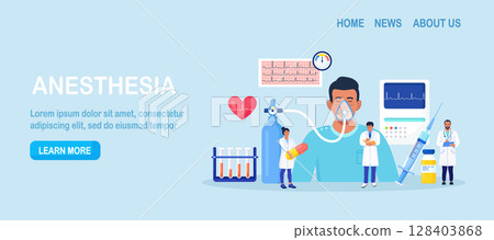 Anesthesia. Doctor anesthesiologist performing inhalation and epidural anesthesia. Patient with anesthetic oxygen mask sleeping in intensive care unit. Emergency, first aid. Preparing man for surgery 128403868