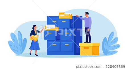 Document archiving and storage. Business people search files in archives. Support service, database. Men working with information, documents and statistics in analytical department. Folder in archive 128403869