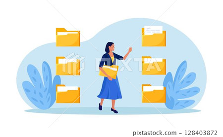 Woman search document in catalog, content in folder. Organizing files and documents in database. Electronic file organization service. Data archive storage and indexing of information Woman search document in catalog, content in folder. Organizing files and documents in database. Electronic file organization service. Data archive storage and indexing of information 128403872