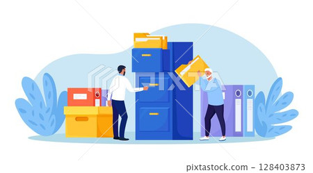 Document archiving and storage. Business people search files in archives. Support service, database. Men working with information, documents and statistics in analytical department. Folder in archive 128403873